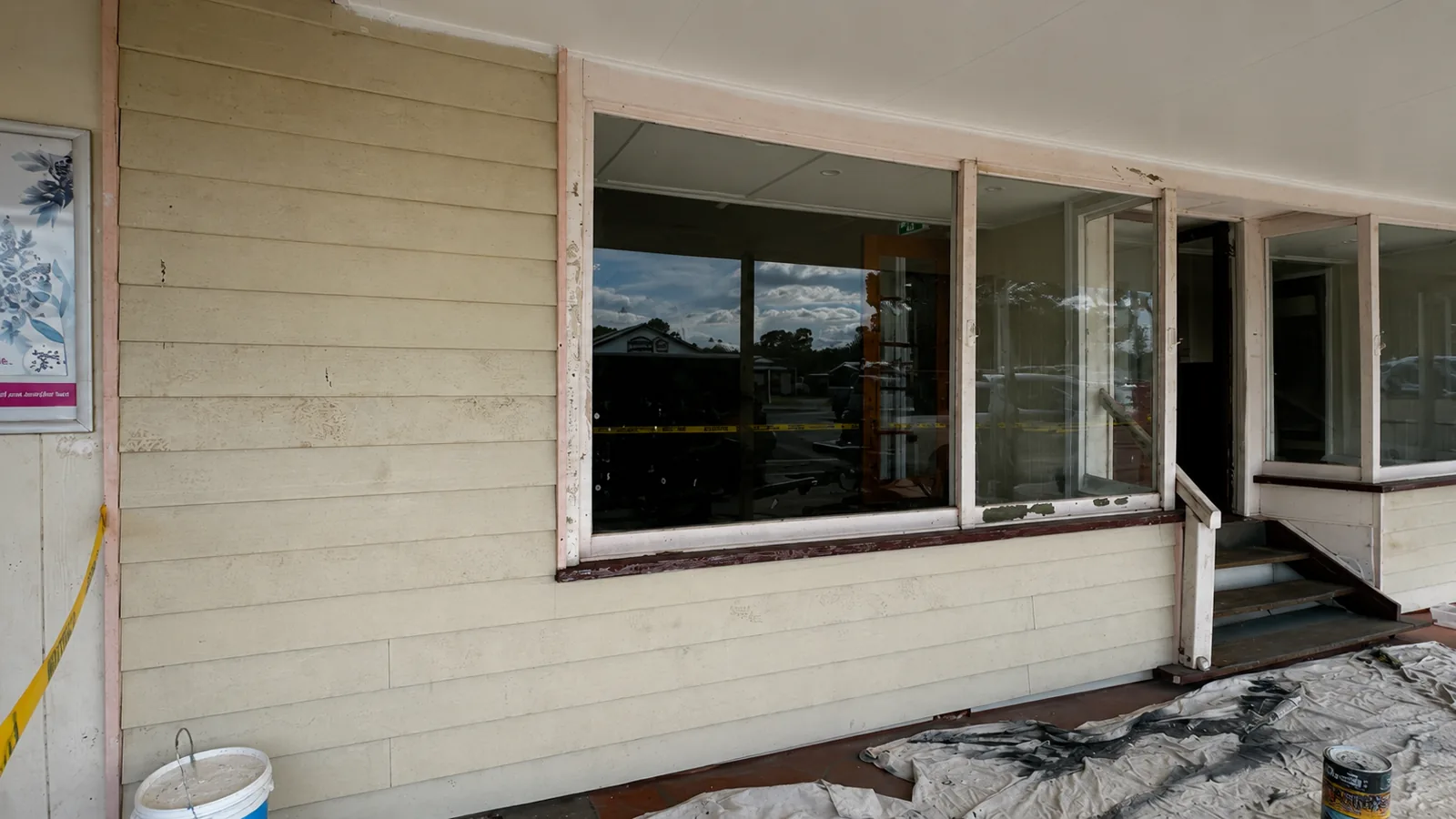 Before, weathered commercial shopfront with faded, peeling cream weatherboards and tired window frames, prepped for repainting by Paint Gods.